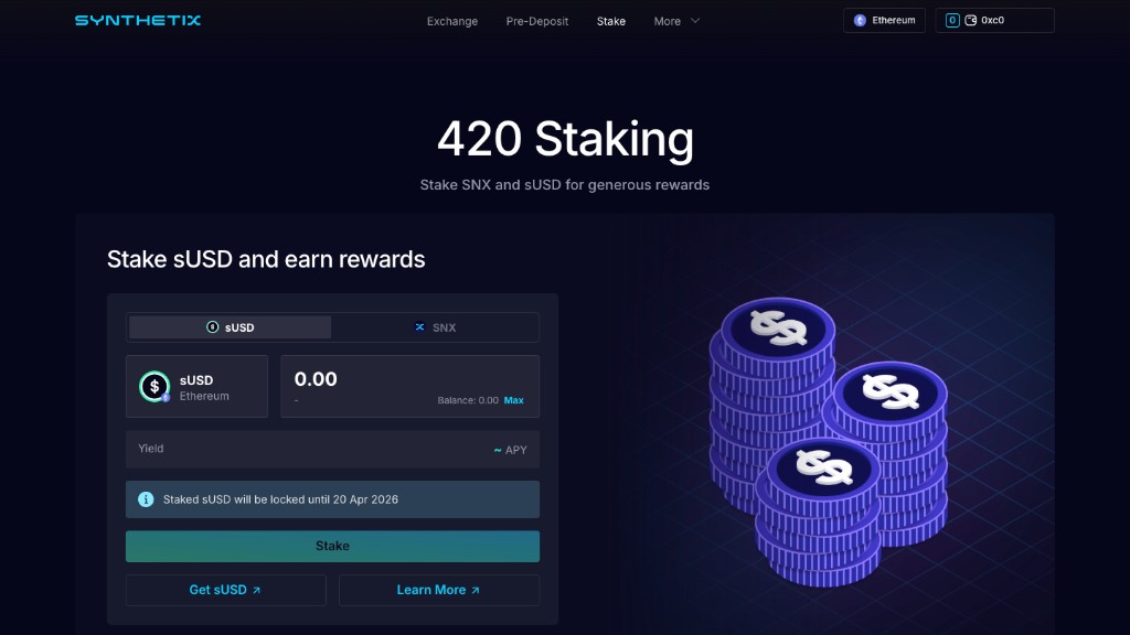 420 Staking app landing page with Stake SNX and sUSD heading, sUSD and SNX staking tabs, yield display, lock notice, and Stake button
