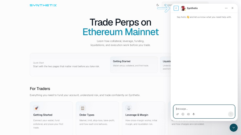 Support chat widget on Synthetix Docs with an arrow pointing to the back button in the top-left of the chat header