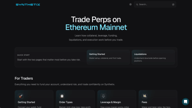 Synthetix Docs homepage with the Support chat widget in the bottom-right corner