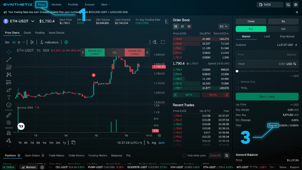 Synthetix Perps trading interface with the Perps tab and the Regular fee tier badge in the Trade Panel Fees row highlighted.
