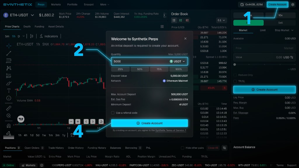 Welcome to Synthetix Perps modal showing Create Account buttons, deposit amount in USDT, optional referral code checkbox, and Create Account confirmation button