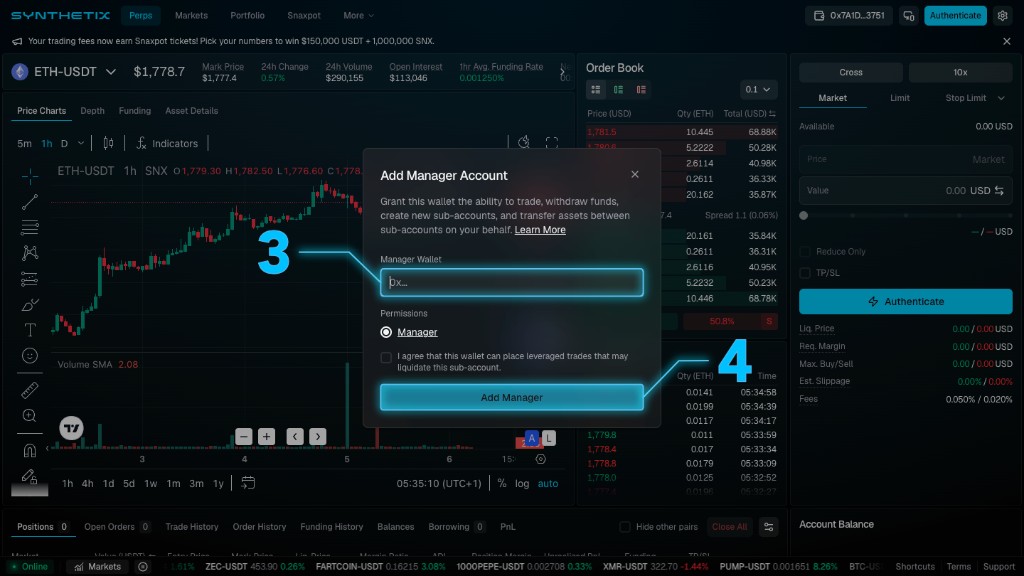 Add Manager Account modal with Manager Wallet address field and Add Manager confirmation button