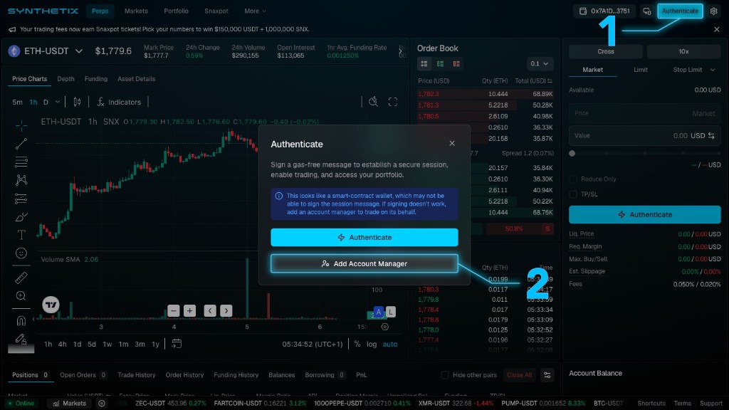 Synthetix Authenticate modal with Authenticate button in the header and Add Account Manager option in the modal