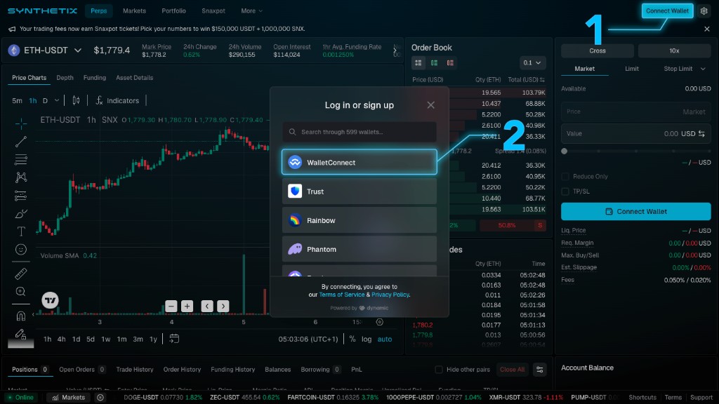 Synthetix trading interface with Connect Wallet in the header and WalletConnect selected in the login modal