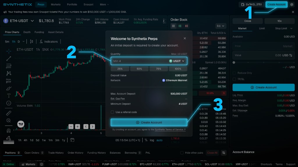 Synthetix Welcome to Synthetix Perps modal with Create Account in the header, deposit quantity field, and Create Account confirmation button