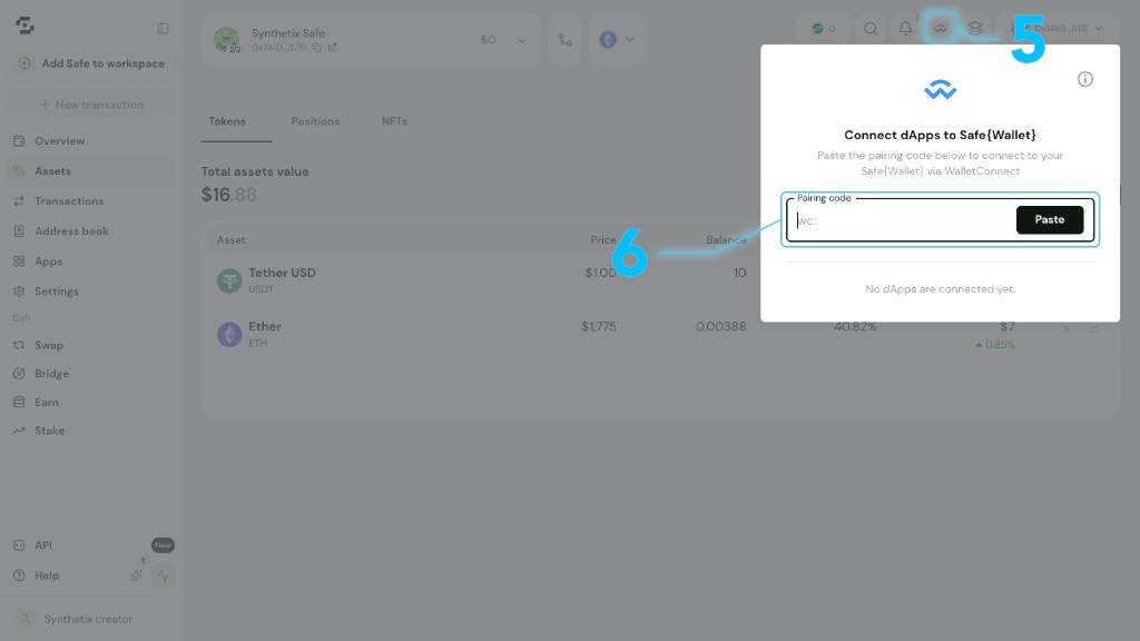 Gnosis Safe interface with WalletConnect icon in the header and Connect dApps modal showing the pairing code field