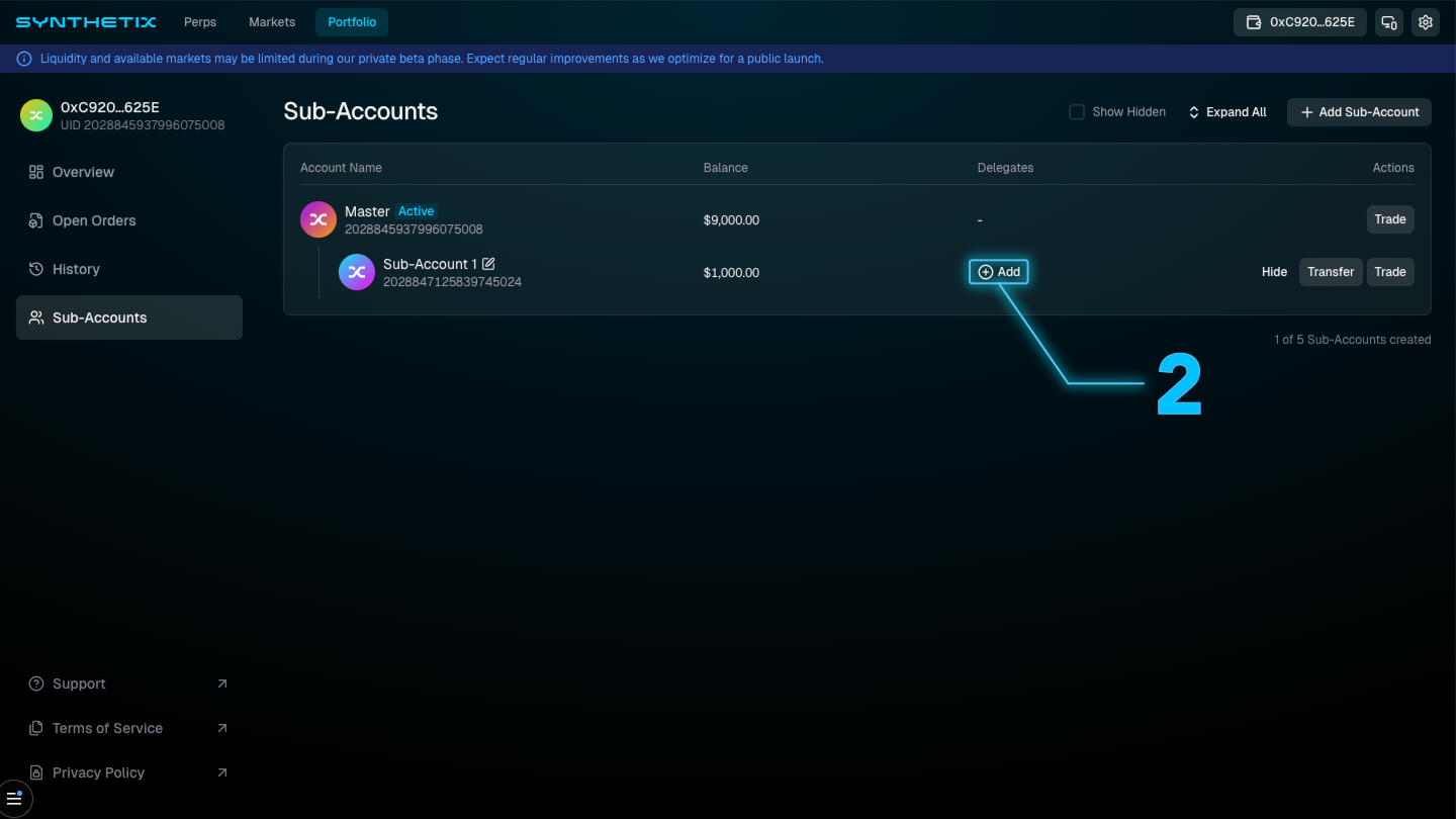 Dialog for adding a delegate wallet to a sub-account