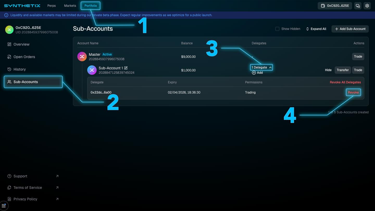 Sub-account delegate list with revoke action
