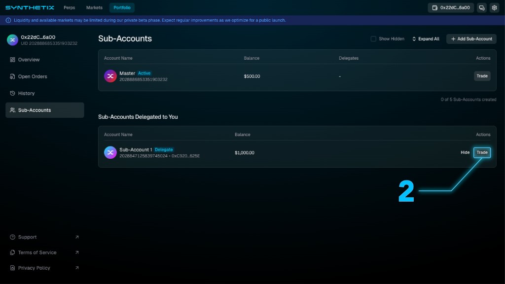 Portfolio Sub-Accounts view with Sub-Accounts Delegated to You and Trade action on a delegated sub-account