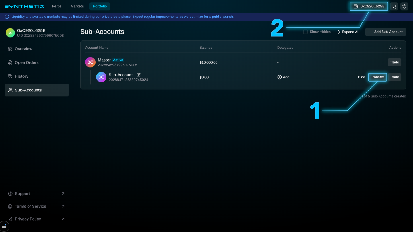 Transfer modal used to move funds into a sub-account