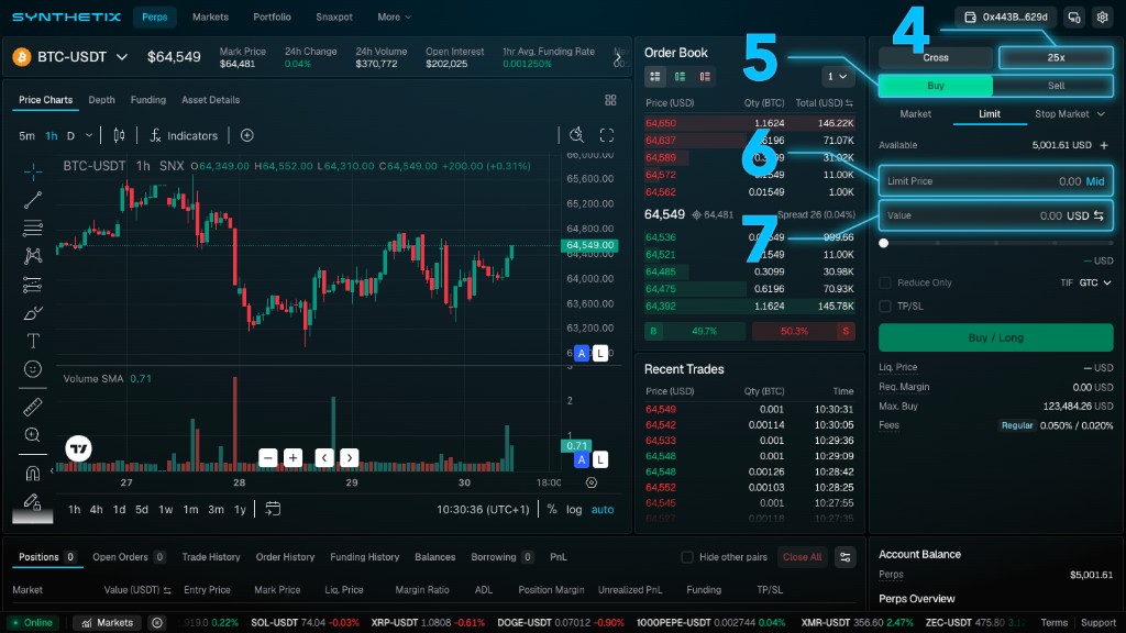 Synthetix Order Entry panel with callouts marking the Buy tab selected, Limit Price field, and Value field for entering position size.