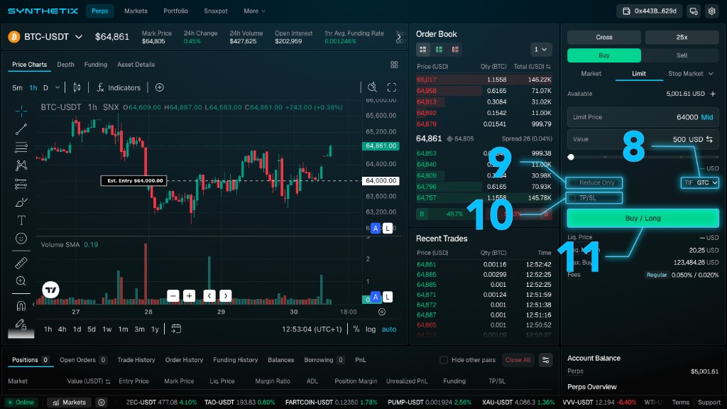 Synthetix Order Entry panel with callouts marking the TIF GTC dropdown, Reduce Only checkbox, TP/SL checkbox, and the Buy / Long button.