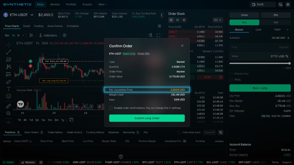 Synthetix Confirm Order window for an ETH-USDT Open Long with Est. Liquidation Price highlighted, plus Margin Used and Fees, over the trading chart showing estimated entry and liquidation price lines.