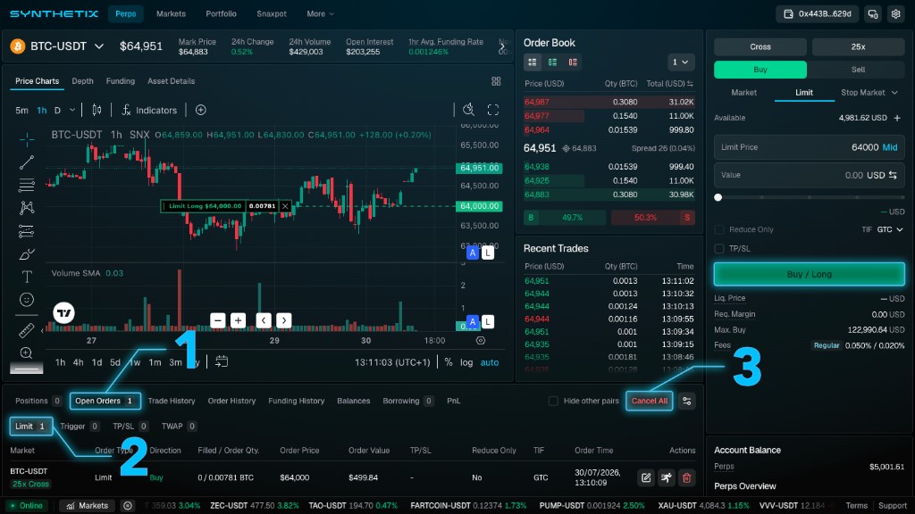 Synthetix trading interface with callouts marking the Open Orders tab, the Limit sub-tab, and Cancel All button in the portfolio table.