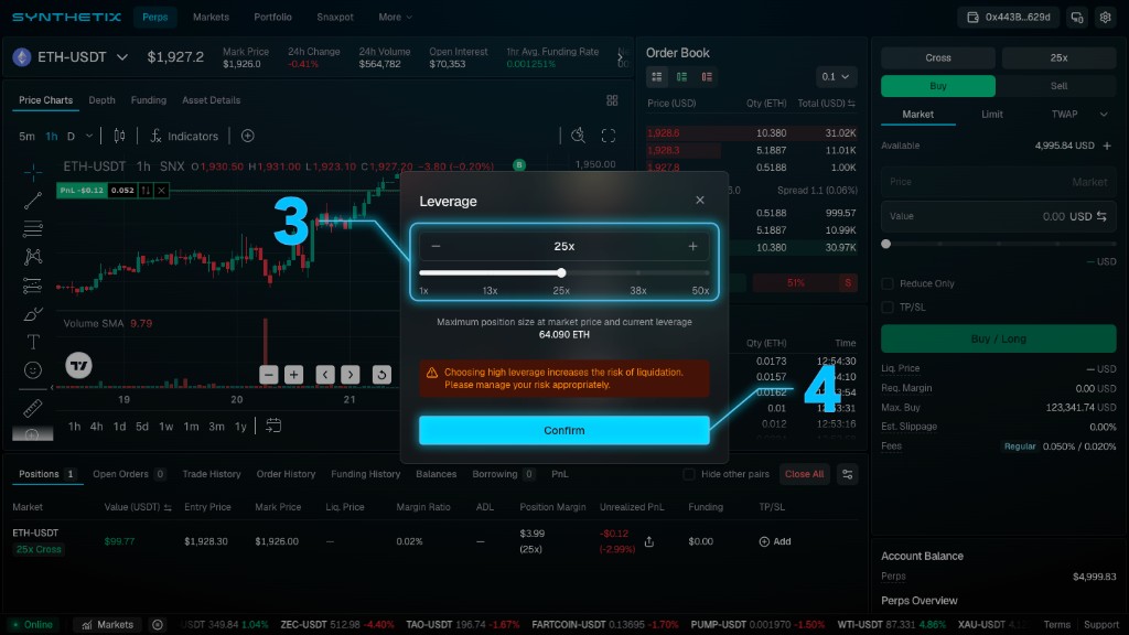 Synthetix Leverage window with callouts marking the leverage slider and input set to 25x, and the Confirm button at the bottom of the modal.