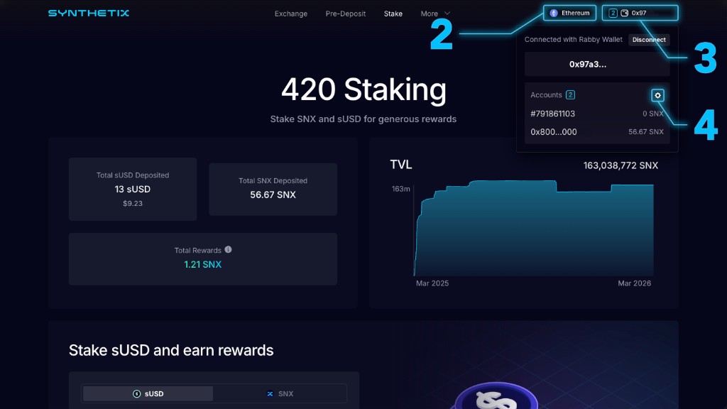 420 Staking site with the wallet menu open from the top right: Ethereum network, connected address, Accounts list with balances, and gear icon beside Accounts for Settings