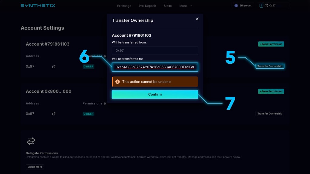 Account Settings for a 420 staking account with Transfer Ownership modal open: from address, to field filled with Treasury address 0xebAC8Fc8752A267A36cE683A867000F69Fd0e73d, irreversible action warning, and cyan Confirm button
