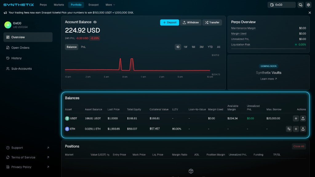 Synthetix Portfolio Overview showing the Balances table with USDT and ETH rows, including collateral value, LLTV, available margin, and max borrow columns.