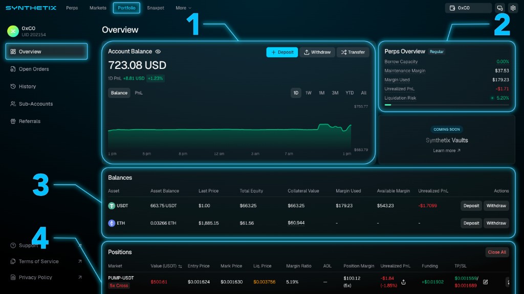 Annotated Synthetix Portfolio Overview showing the account balance, Perps Overview, balances and positions tables, and Support link