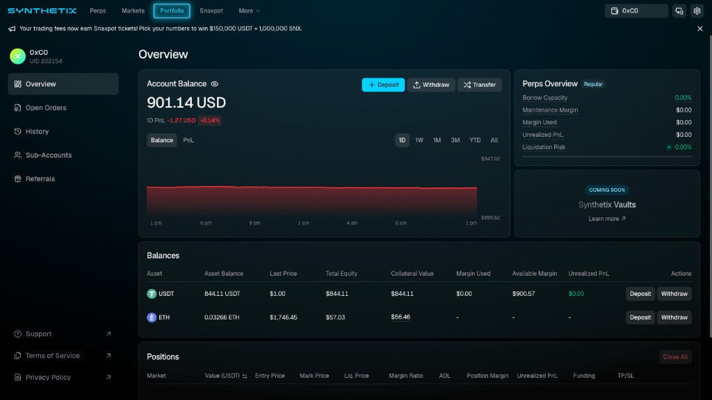Synthetix Portfolio Overview page showing account balance, perps summary, balances, and positions