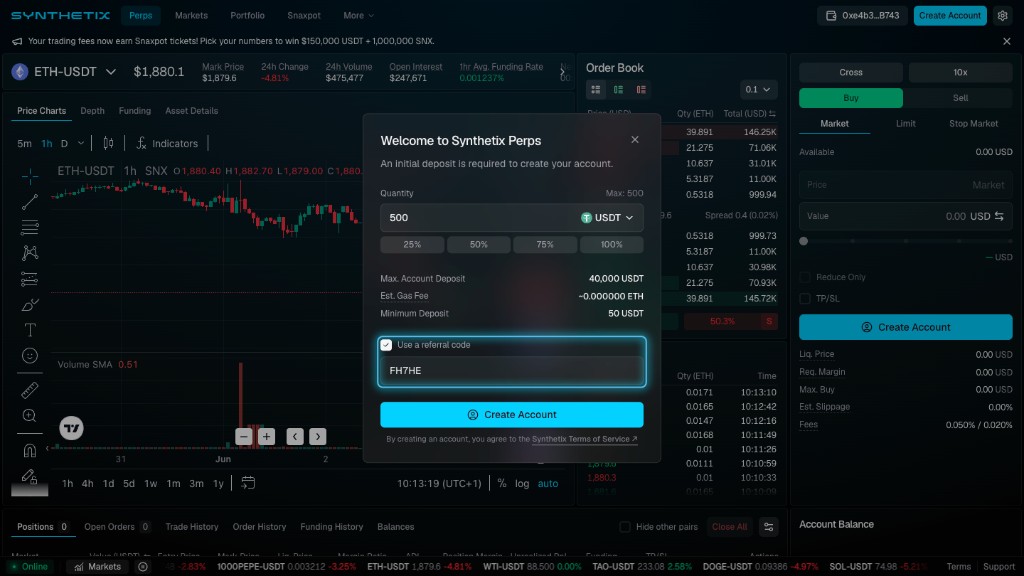 Welcome to Synthetix Perps account creation modal with Use a referral code checked and a referral code entered in the input field.
