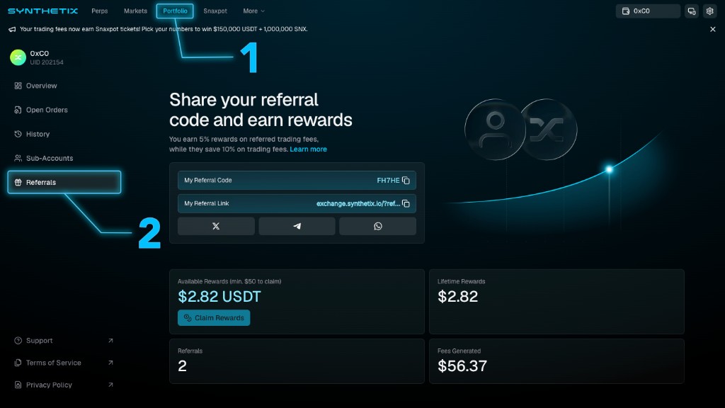 Synthetix Portfolio view with Portfolio selected in the top navigation and Referrals highlighted in the left sidebar, showing the referral code, link, and rewards dashboard.