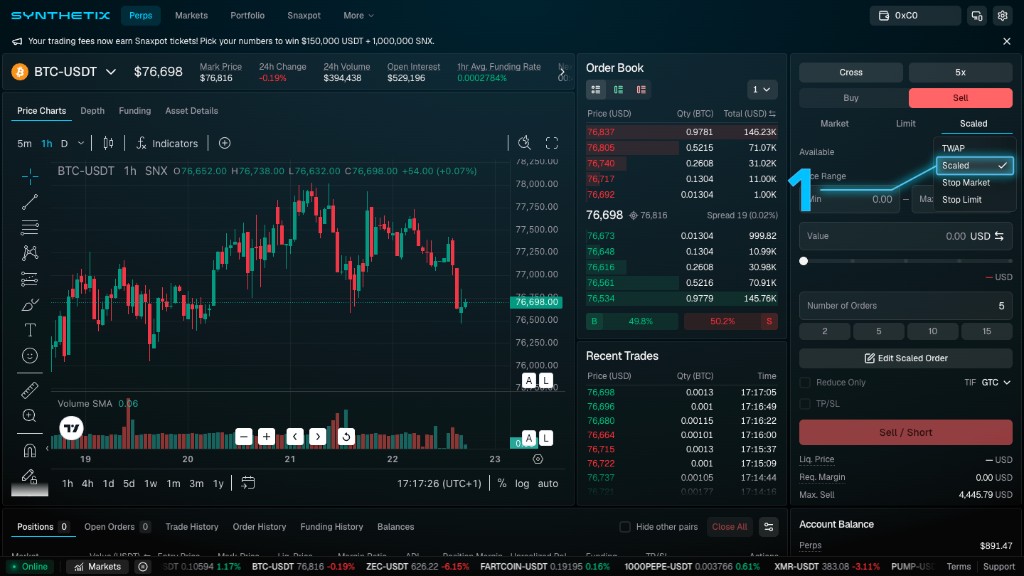 Synthetix trade panel with the order type dropdown open and Scaled selected, showing price range, value, and number of orders fields below.