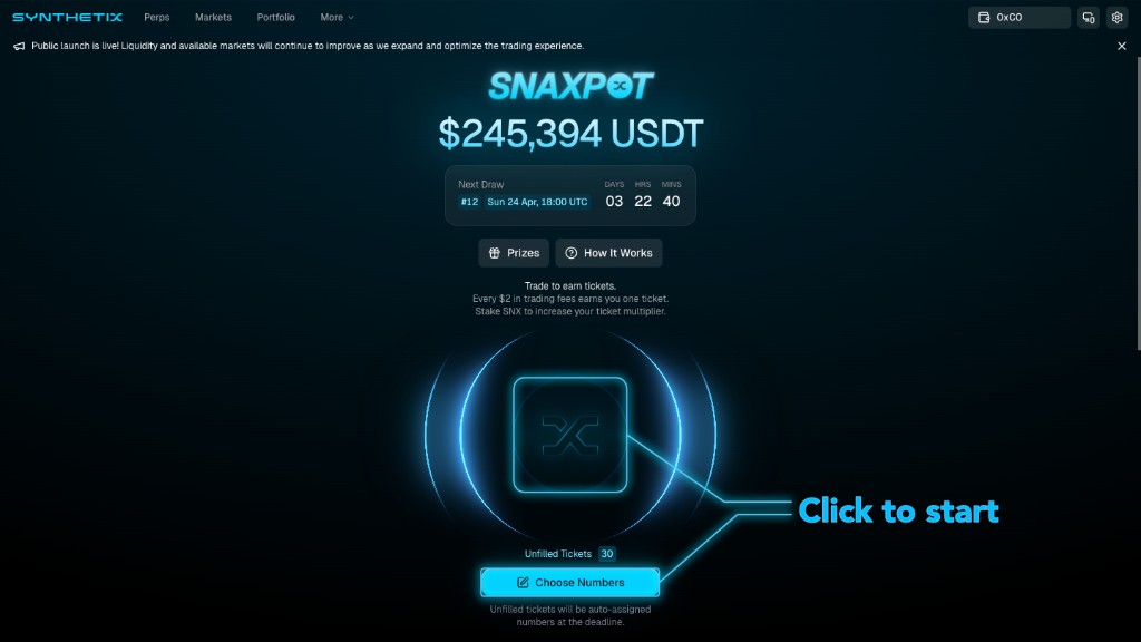 Snaxpot page on Synthetix Exchange showing the USDT jackpot, next draw countdown, central Snax Ball, Prizes and How It Works buttons, unfilled ticket count, and Choose Numbers button.