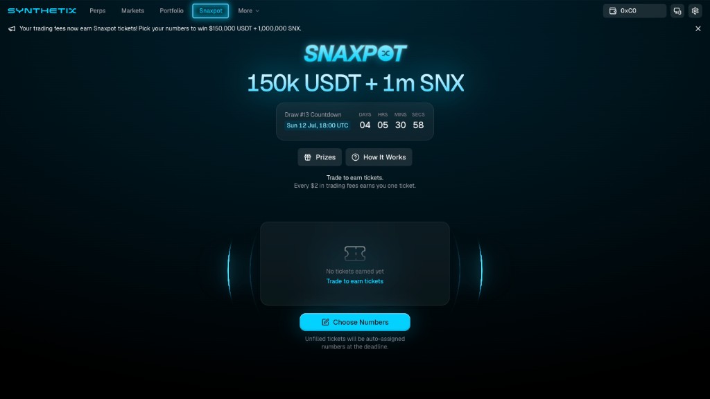 Synthetix Snaxpot page showing the prize pool, draw countdown, and Choose Numbers button