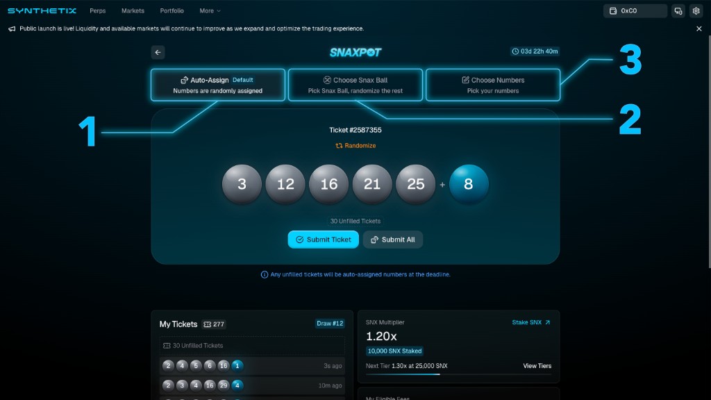 Snaxpot ticket flow showing three options: Auto-Assign (Default), Choose Snax Ball, and Choose Numbers; a ticket preview with five regular balls and one Snax Ball; Submit Ticket and Submit All actions; and My Tickets and SNX Multiplier panels.