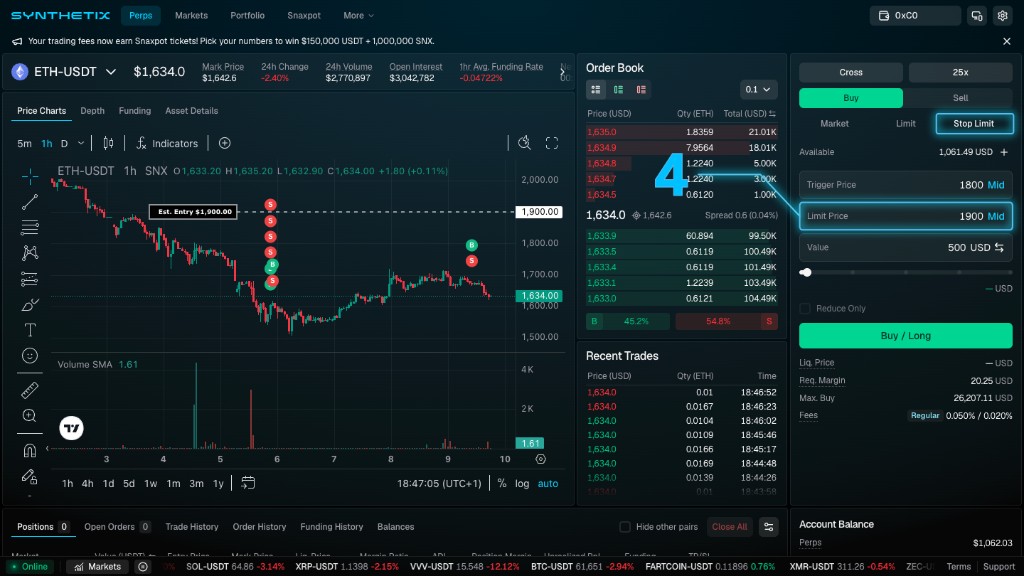 Synthetix Stop Limit trade panel showing Trigger Price set to 1800, Limit Price set to 1900, and Value set to 500 USD, with the estimated entry line on the chart at 1,900.