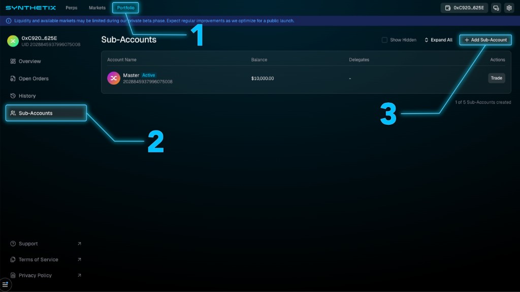 Annotated Synthetix Portfolio Sub-Accounts page highlighting Portfolio in the top nav, Sub-Accounts in the sidebar, and the + Add Sub-Account button