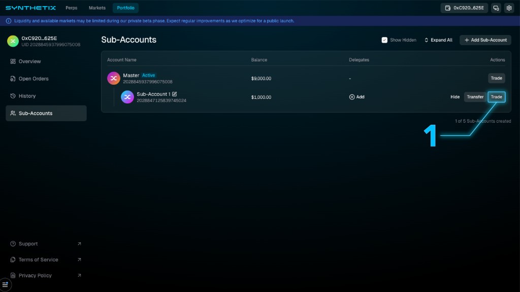 Annotated Synthetix Portfolio Sub-Accounts page highlighting the Trade action on Sub-Account 1