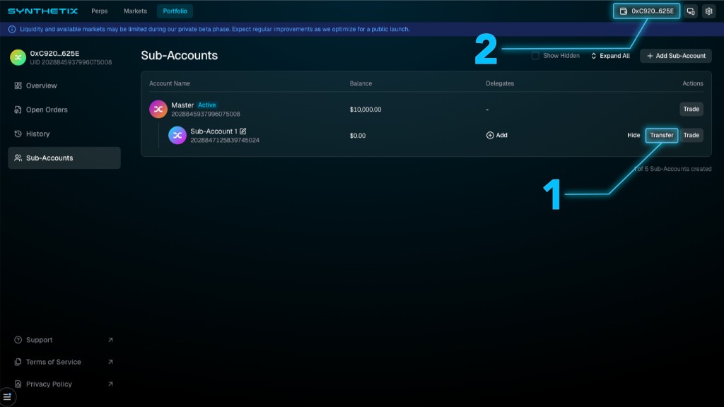 Annotated Synthetix Portfolio Sub-Accounts page highlighting the Transfer action on Sub-Account 1 and the wallet button that opens the Account sidebar