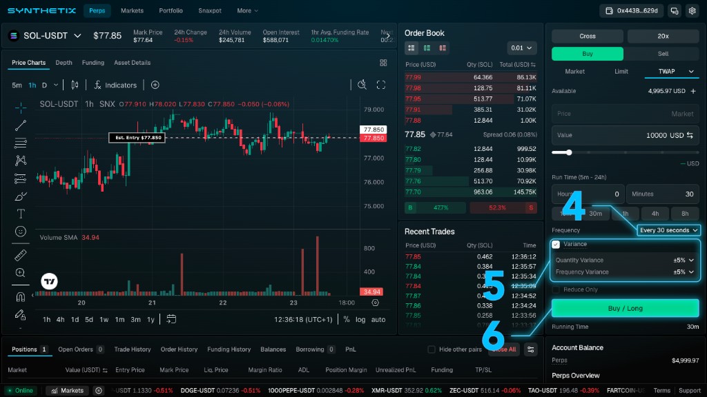 Synthetix TWAP trade panel with Frequency set to every 30 seconds, Variance enabled at plus or minus 5 percent, and the Buy / Long button highlighted