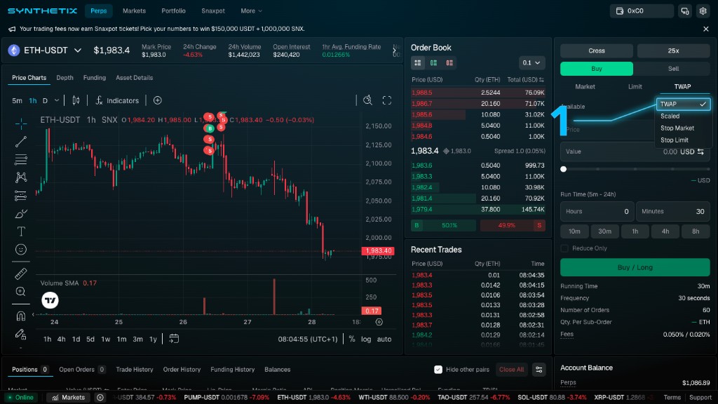 Synthetix trade panel with the order type dropdown open and TWAP selected, showing Run Time controls and TWAP order summary fields below.