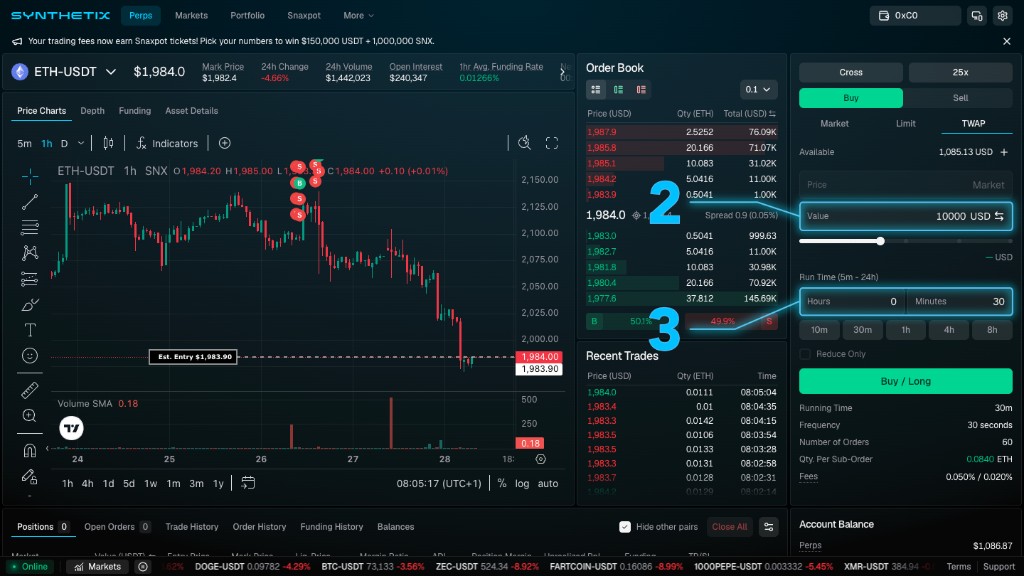 Synthetix TWAP trade panel showing Value set to 10000 USD, Run Time set to 30 minutes, and order summary with running time, frequency, number of orders, and quantity per sub-order.