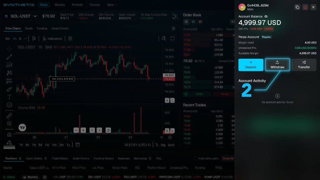 Synthetix Exchange trading page with the Account sidebar open and the Withdraw button highlighted